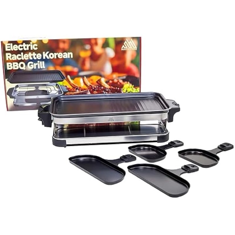 Raclette Grill Smokeless Indoor Electric Table Top Griddle With 1600W Fast Heating Dual-Zone Cooking - Stainless Steel - Easy Clean Nonstick Surface