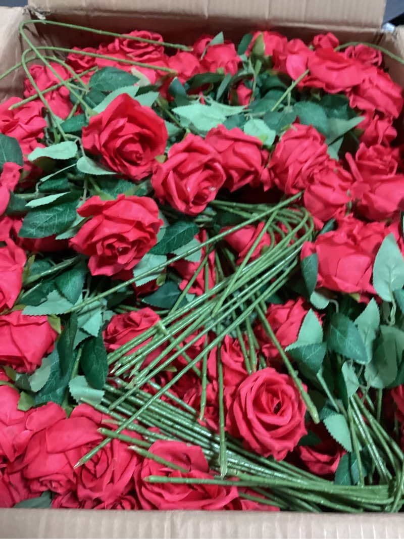 Condition photo showing Good Condition for Riceshoot 500 Pcs Artificial Silk Roses Flowers with Long Stem Bridal Wedding Bouquet Realistic Floral Bulks for Garden Home Party Gifts Favor Decoration(Red)