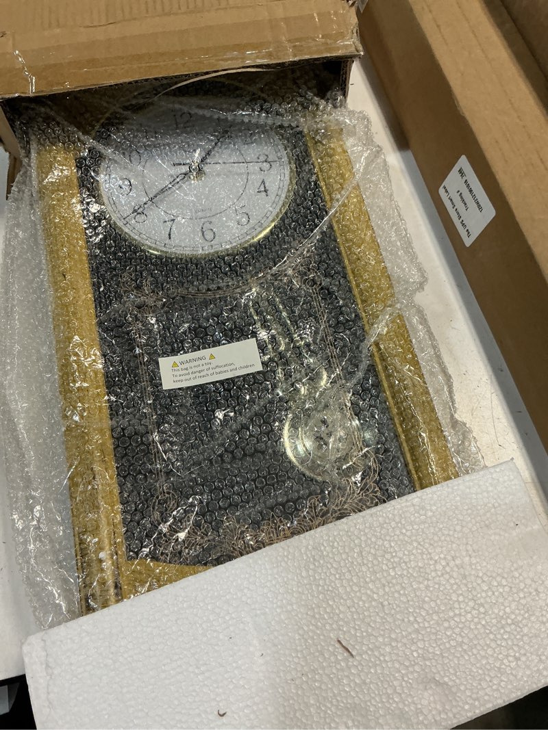 Condition photo showing New/Like New for clockswise vintage grandfather wood - looking plastic antique pendulum wall clock for living room decor, kitchen, office, or dining room, silent wall mount battery-operated (yellow)