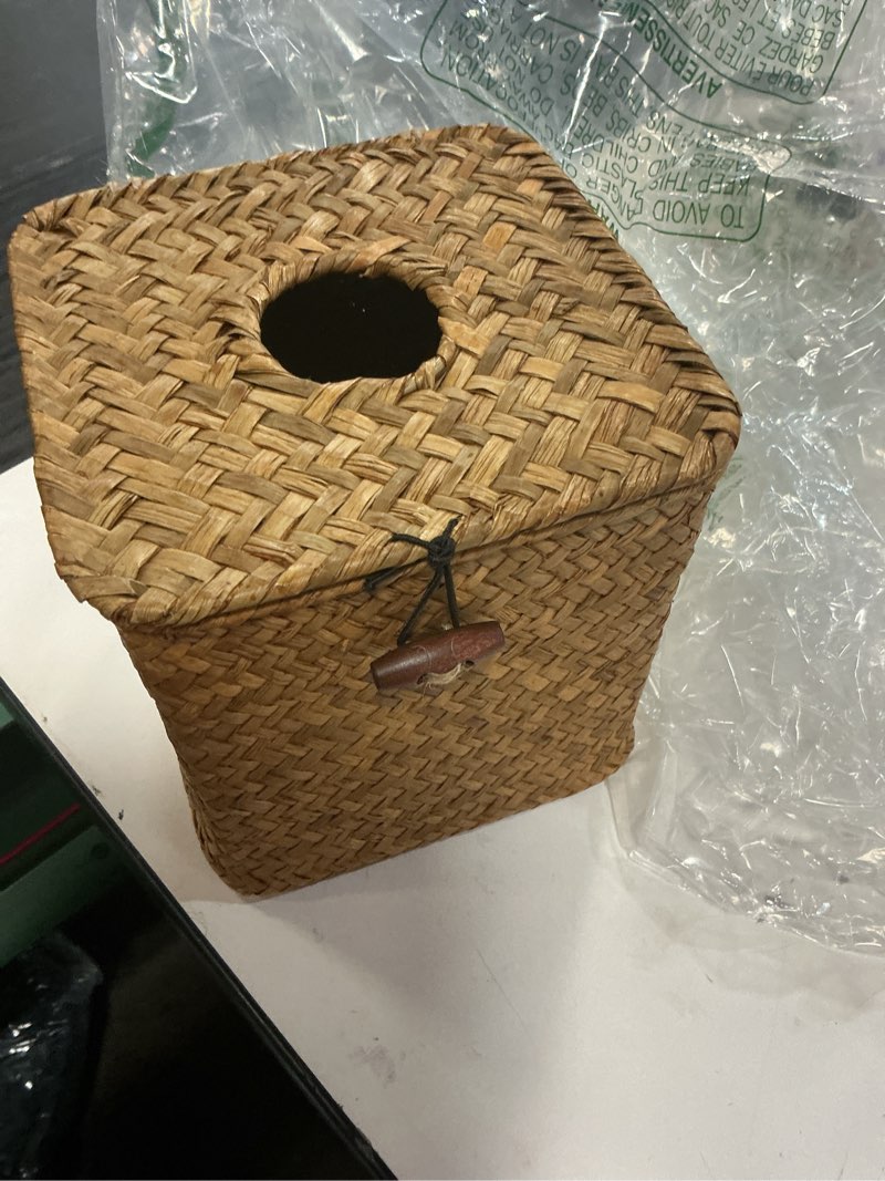 Condition photo showing Good Condition for seagrass tissue box cover square tissue box,woven tissue box holder with lid, rustic tissue cover for bathroom vanity toilet living room bedroom kitchen office desk car, caramel