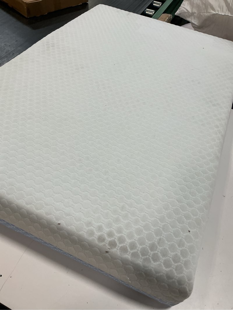 Condition photo showing As Is for mini crib mattress - 38x24x4 inch dual sided memory foam baby mattress with breathable removable cover - fits most mini and portable cribs blue 4"thick