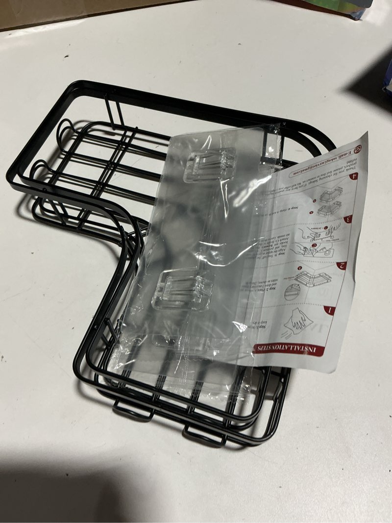 Condition photo showing As Is for corner shower caddy - 2 pack, adhesive shower organizers, rustproof stainless steel shower shelves with 8 hooks, no drilling bathroom organizers and storage racks, space-saving, black, medium black medium