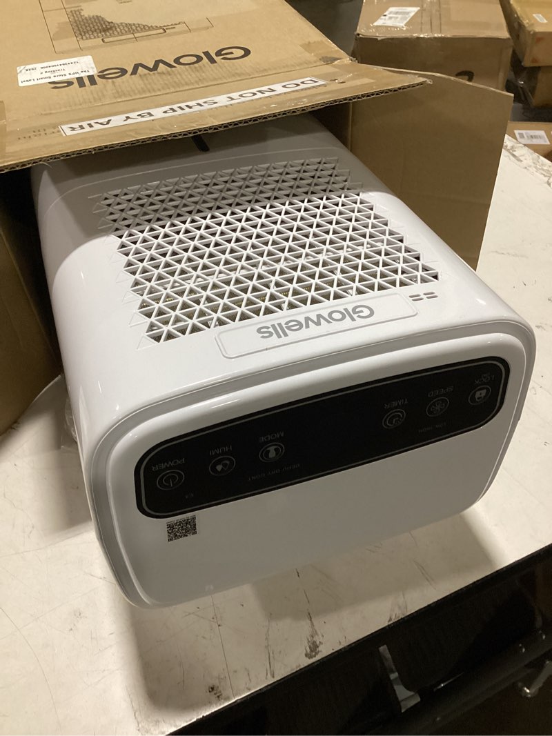Condition photo showing As Is for 2500 sq.ft dehumidifier for basement with drain hose, glowells 34 pints dehumidifiers for home, bathroom, bedroom large room, rv, three modes, quiet with smart compressor, dry clothes, 24h timer