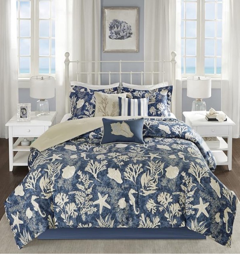 Similar to the photo reference, Madison Park 7pcs Cotton Sateen Queen Comforter Set with Bed Skirt and Decor Pillows  Shells Starfish Coastal Printed Bedding Set  Aqua