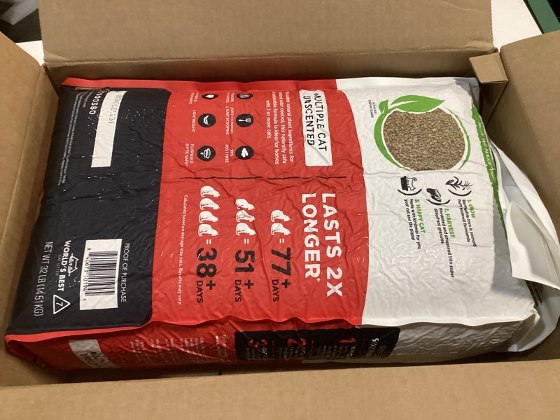 Condition photo showing New/Like New for WORLD'S BEST CAT LITTER Multiple Cat Unscented, 32-Pounds - Natural Ingredients, Quick Clumping, Flushable, 99% Dust Free & Made in USA - Long-Lasting Odor Control & Easy Scooping