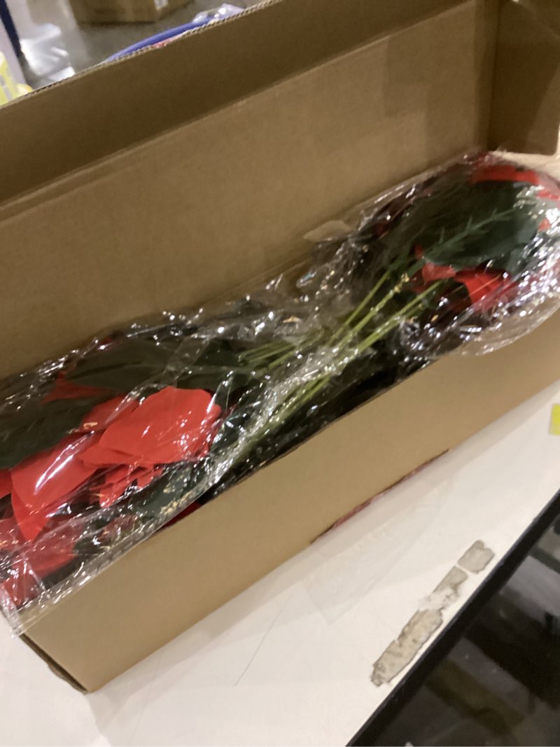 Condition photo showing New/Like New for MARTINE MALL 6 Packs Poinsettia Flowers Artificial, 7 Heads?Poinsettia Christmas Decoration, Velvet Poinsettia Bouquet Christmas Flowers Poinsettia Bush for Christmas Xmas Tree Porch Home Decoration Red 6 Packs