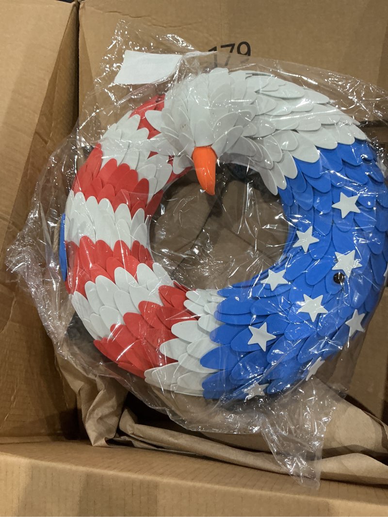 Condition photo showing As Is for (incomplete , missing pieces)4th of july wreath,patriotic wreaths for front door,american eagle patriot wreath, handcrafted glory patriotic flag wreath for front door window decoration,11inch 15inches (red white blue, 11inch)