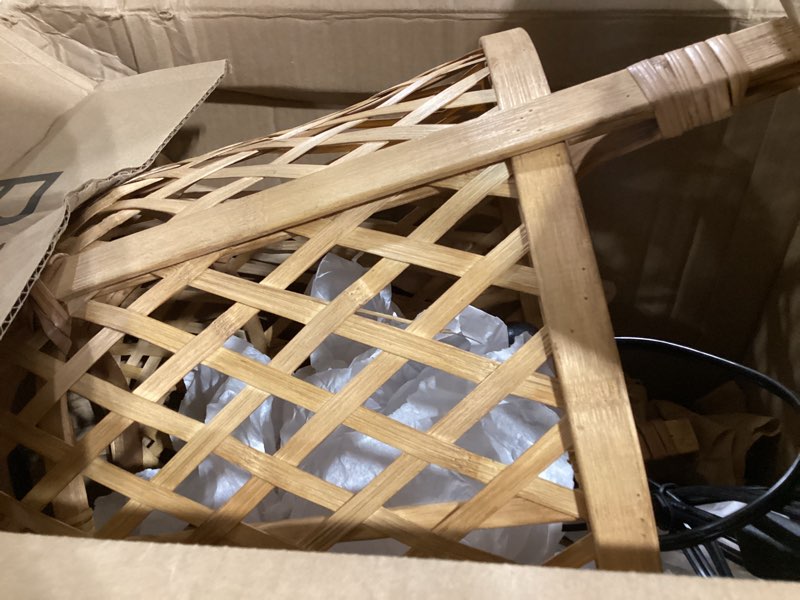 Condition photo showing Good Condition for plug in pendant light with 6w led bulb warm light(3000k) dimmable switch cute rattan hanging lamp cord 15ft hand woven plug in chandelier boho hanging lights fixture for bedroom kitchen 1 pack (bulb included)