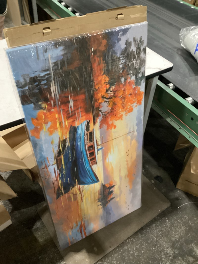 Condition photo showing New/Like New for brushart lake boat canvas wall art for living room 48"x24", panorama landscape sunset pictures textured painting, large artwork framed for bedroom dining room home office wall decor 48"l x 24"w yellow sunset