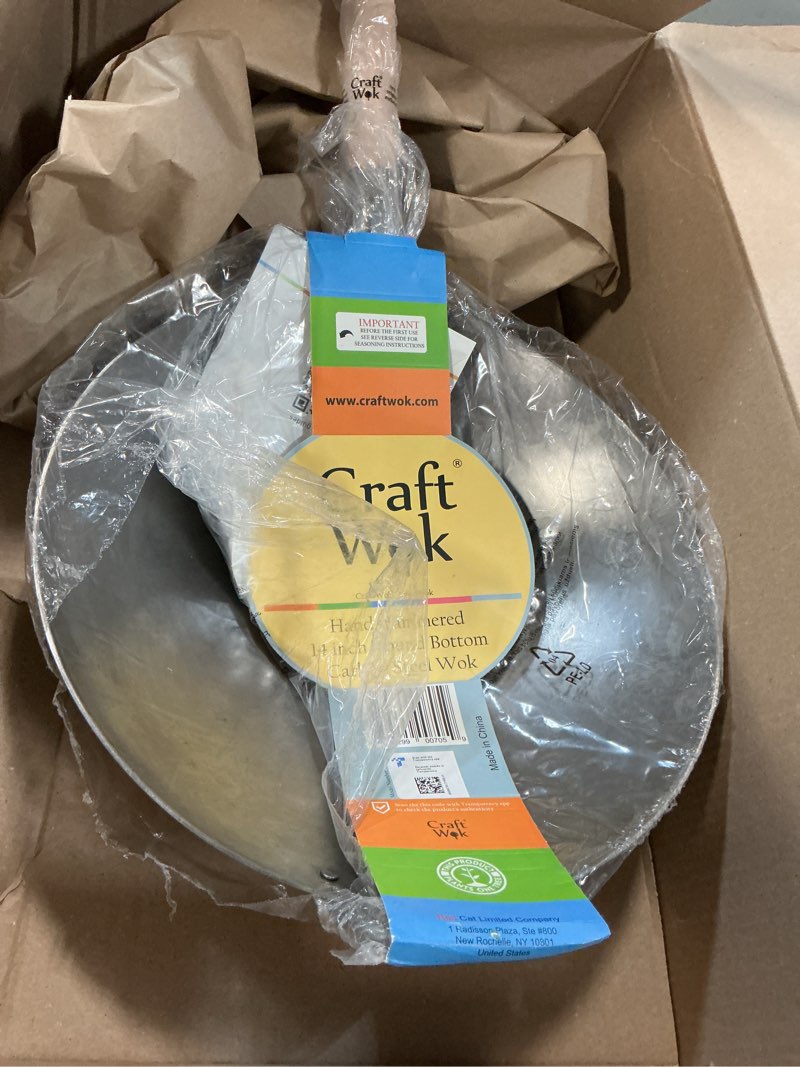 Condition photo showing Good Condition for craft wok traditional hand hammered carbon steel pow wok with wooden and steel helper handle (14 inch  round bottom) / 731w88