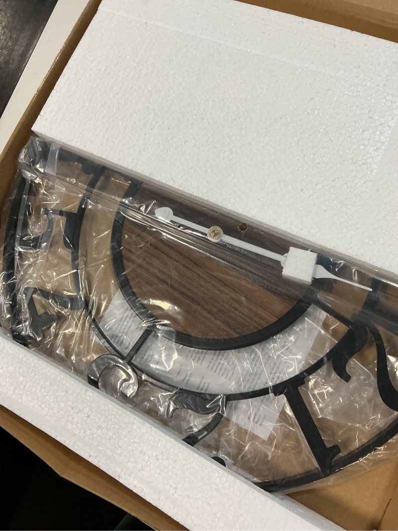 Condition photo showing New/Like New for large metal wall clock, 20 inch retro decorative silent, non ticking, battery operated modern big wood wall clock for living room, farmhouse, bedroom, fireplace, kitchen, office, home decor