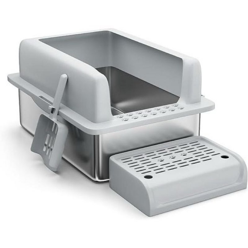 Coucheta XXL Stainless Steel Cat Litter Box Collection - with Platform Step, Removable Top, Non-Slip Bottom & Scoop, Multiple Heights