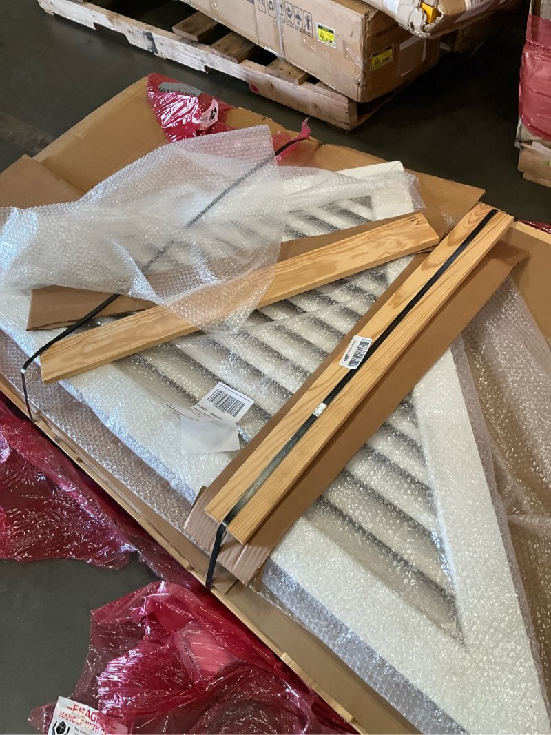 Condition photo showing As Is for ekena millwork gvwtr60x3001sfpwr triangle gable vent gable vent, 60"w x 30" (72 1/8"w x 36"h frame size), western red cedar, primed smooth, functional, 1" x 4" flat trim frame 60"w x 30" (72 1/8"w x 36"h frame size) western red cedar, primed