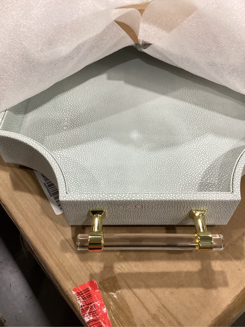 Condition photo showing Good Condition for 22.6'' × 13'' coffee table tray shagreen decorative tray for ottoman home decor serving tray with acrylic gold handles modern elegant scalloped large ottoman tray light aqua 22.6" x 13" x 2"