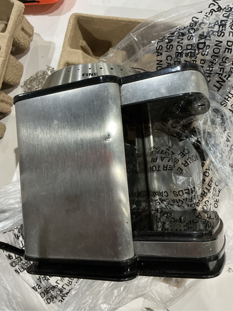 Condition photo showing As Is for cuisinart coffee grinder, electric one-touch automatic burr coffee grinder with 18-position grind selector, cup size selector for 4 – 18 cups, dbm-8p1, black stainless burr mill stainless steel