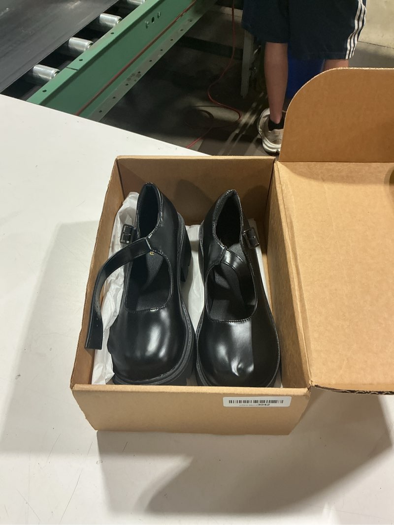 Condition photo showing Good Condition for women's platform mary janes chunky heel ankle strap uniform dress shoes heeled gothic lolita oxfords 8.5 single strap-matt black