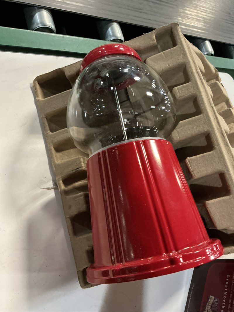 Condition photo showing As Is for Vintage Gumball Machine - 11-Inch Retro-Style, Coin-Operated Cast Metal Vending Machine with Glass Globe and Free Spin by Great Northern Popcorn (Red)