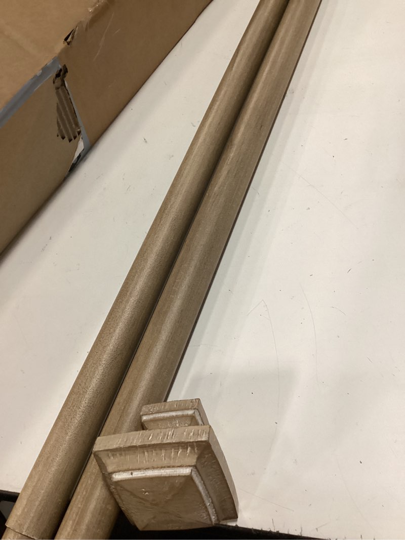 Condition photo showing New/Like New for mode farmhouse collection single curtain rod set with cottage square finials - 72 to 144 in, weathered oak