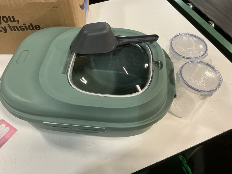 Condition photo showing Good Condition for 30-35 lbs dog food storage container collapsible dog food container with airtight lids, wheels, scoop and 2pcs food storage containers, large pet food storage for dog, cat (green)