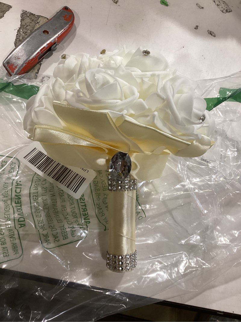 Condition photo showing New/Like New for cuiwei wedding bouquet - bride & bridesmaid hand roses, silk roses crystal diamond artificial flowers for wedding parties, churches (beige)
