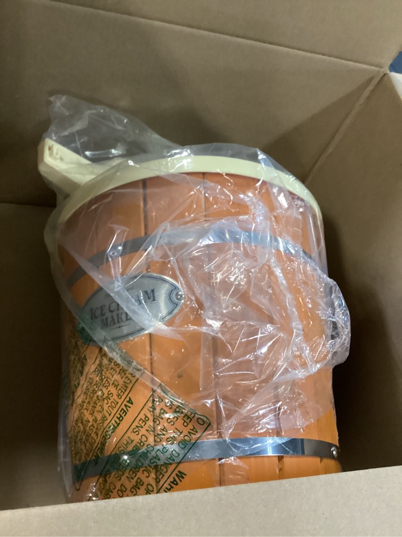 Condition photo showing As Is for nostalgia electric ice cream maker with 4 qt capacity- old fashioned ice cream machine makes frozen yogurt or gelato in minutes- vintage wooden style ice cream maker with aluminum canister- light wood 4 qt light wood