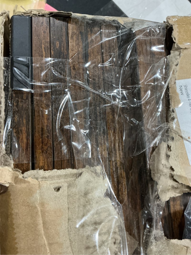 Condition photo showing As Is for Shinoske 4-Tier Bookshelf,Small Triple Wide Bookcase for Books,CDs,Movies,Display Shelf with 10 Open Shelves for Living Room,Home Office,Balcony,Rustic Brown