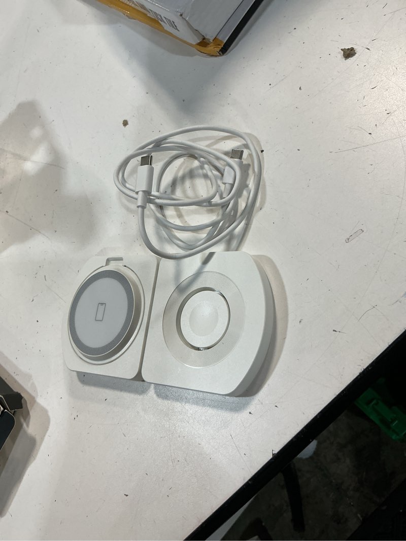 Condition photo showing Good Condition for egv wireless charger for iphone, 3-in-1 magnetic charging station for apple, magsafe charger stand for iphone 17 air 16 15 14 13 12 series, airpods pro, apple watch ultra, foldable, no adapter, white apple white