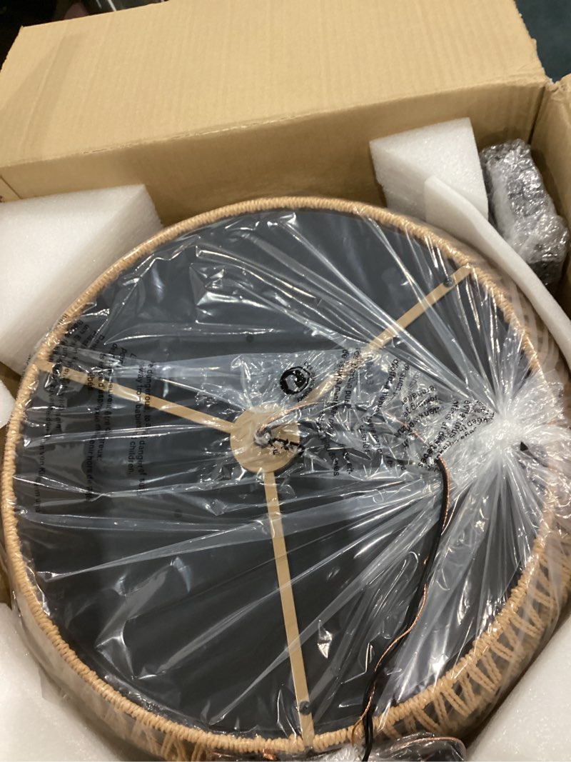 Condition photo showing Good Condition for Boho Chandeliers for Dining Room,Rattan Chandeliers with Fabric Shade,Farmhouse Dining Room Light Fixtures,Kitchen Island Lighting 5-Lights Hand Woven Drum Chandelier,18 in,UL Listed 5-Light 18IN