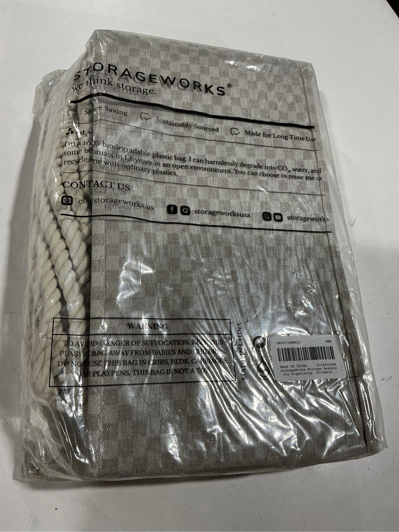 Condition photo showing As Is for StorageWorks Storage Baskets for Shelves, Foldable Fabric Closet Storage Bins with Handles, Fabric Storage Bins Clothes Organizer, Khaki Check, 3-Pack, Large Khaki Check Large