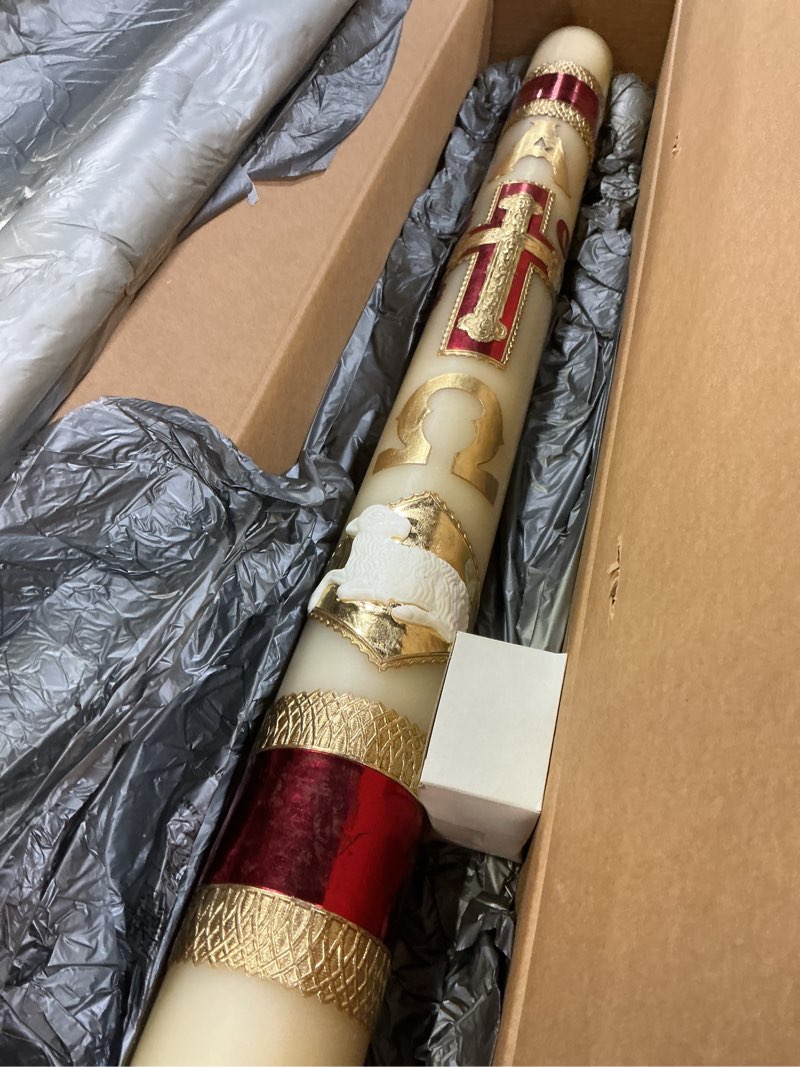 Condition photo showing Good Condition for CB Church Supply Will & Baumer Hand Crafted Lamb of God Beeswax Paschal Candle with Nails, No 9, Red