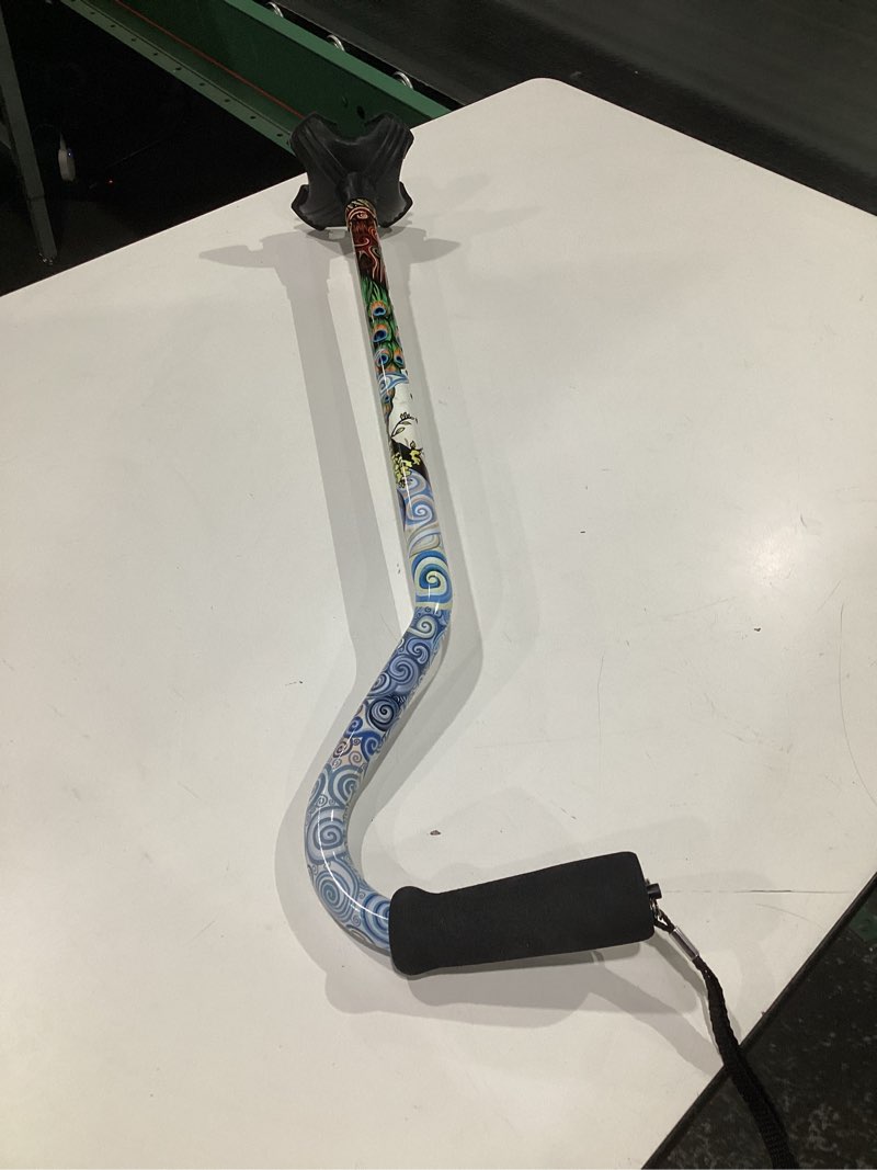 Condition photo showing Good Condition for Nova Joy Designer Offset Quad Cane for Seniors - Unisex Adjustable Lightweight Walking Aid with Foam Handle, Wrist Strap and Anti-Rattle Lock - Essential Mobility Support - Proud Peacock