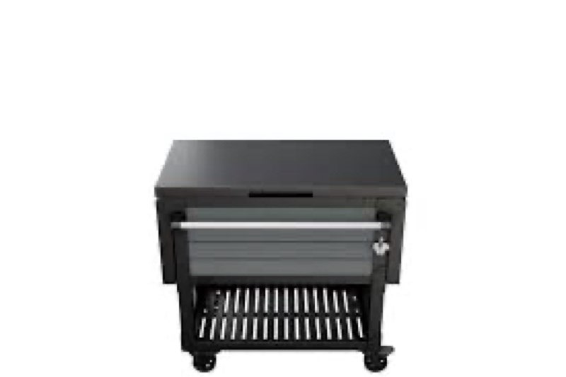 keter outdoor rolling patio cooler and insulated beverage cart ice chest with fold down serving shelf and bottle opener, grey