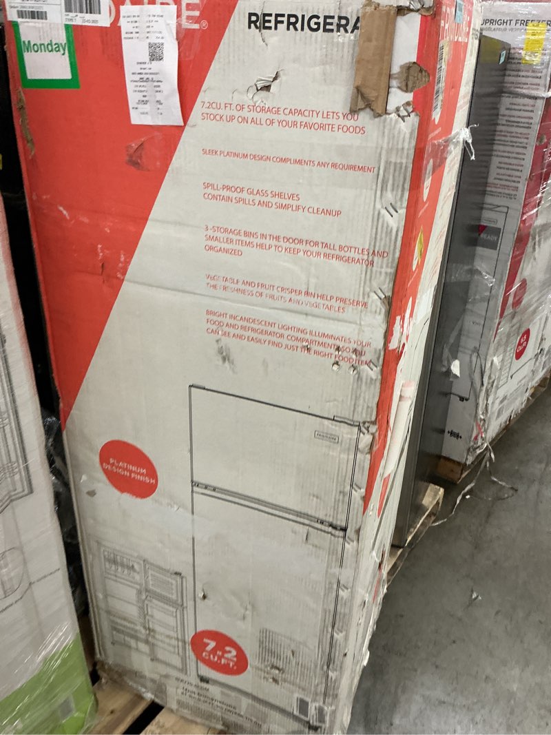 Condition photo showing As Is for Frigidaire, 2 Door Apartment Size Refrigerator with Freezer, 7.5 cu ft, Adjustable Spill-Proof Shelves, Door & Crisper Bins, Platinum Silver