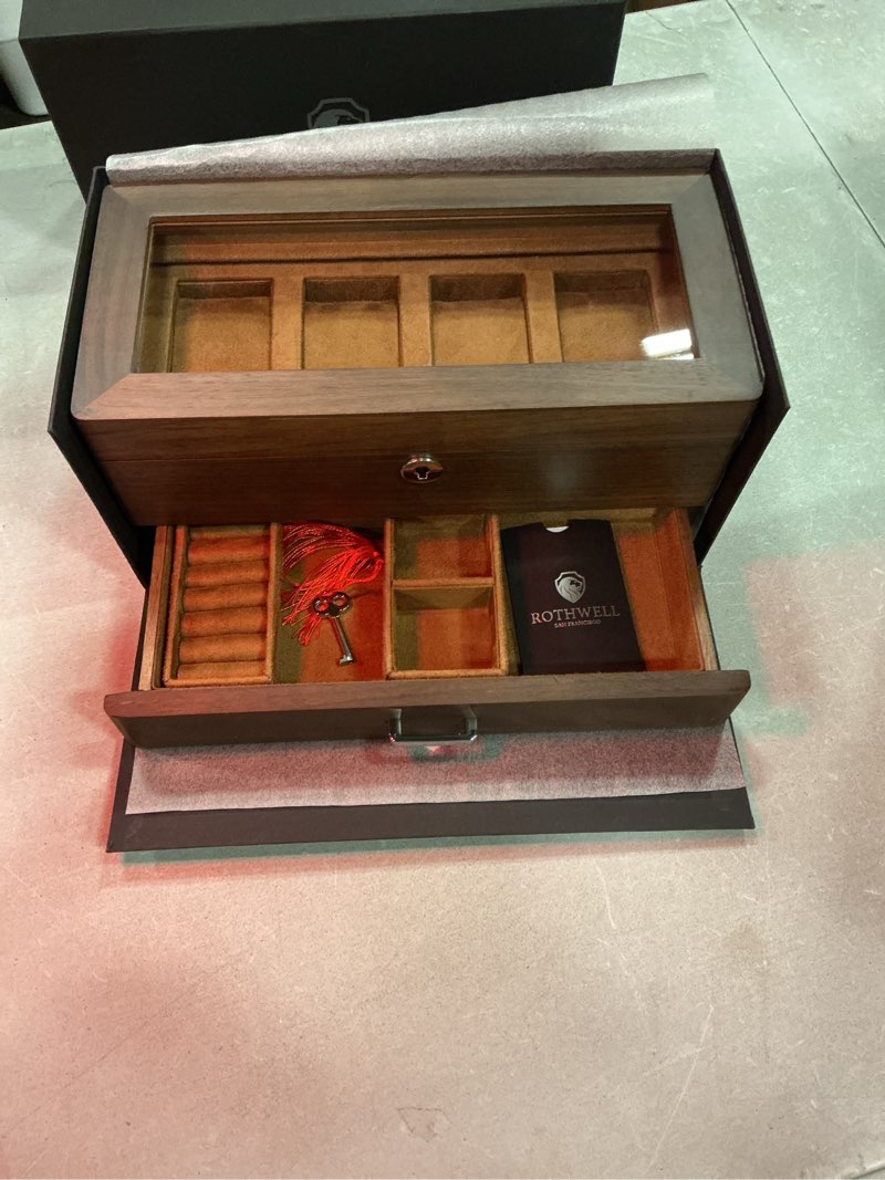 Condition photo showing New/Like New for rothwell 4-slot solid walnut watch box with valet drawer - premium jewelry display case organizer with locking glass top and microsuede liner for men & women (tan interior) walnut / tan