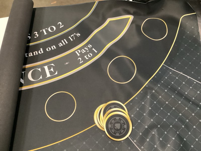 Condition photo showing As Is for Newverest Blackjack Mat 70" x 30" - Ideal Poker Topper for 6ft and 8ft Folding Tables (30" Width), Black Jack Casino Table Top for Home Game Nights, Portable with Zipper Storage Bag in Gift Ready Box Golden Black
