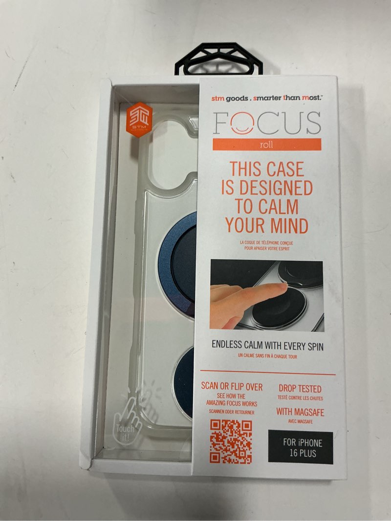 Condition photo showing New/Like New for STM Roll Spin MagSafe® Case for iPhone 16 Plus - Designed to Calm Your Mind- Fidget Spinning Disc- Impact Absorbing TPU for Enhanced Drop Protection - Magnetic Ring 360° Kickstand - Clear/Blue Clear/Blue iPhone 16 Plus