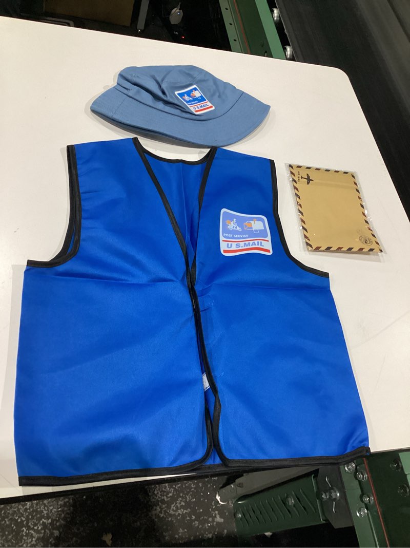 Condition photo showing Good Condition for Kids Premium Mailman Costume Kit Bucket Cap+Postman Bag+Vest+Envelope(4 in 1) Career Day Occupational Postman Dress Up for 5-12 Years Old
