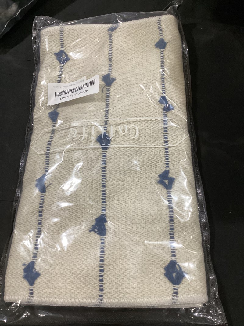 Condition photo showing Good Condition for caflife boho table runner 72 inchs long for modern farmhouse room home decor, blue and beige coffee table runner, natural cotton woven with tassels neutral, for kitchen dining table decor blue beige 13x72inch