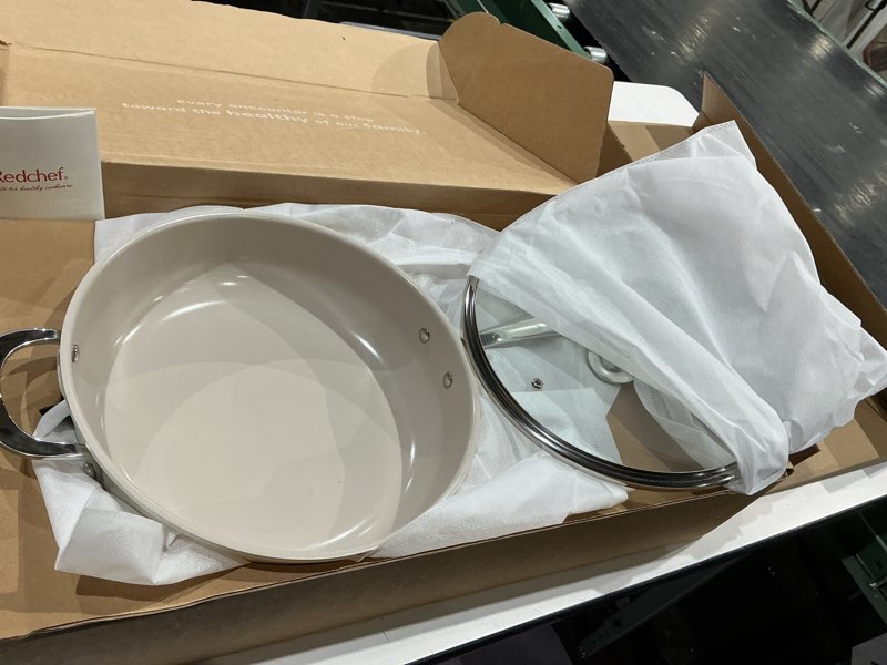 Condition photo showing Good Condition for redchef ceramic saute pan with lid, nonstick deep frying pan, 5qt jumbo cooker with helper handle & lid, non toxic ceramic cooking pan, chef pan, dishwasher & oven safe, pfas pfoa & ptfe free beige