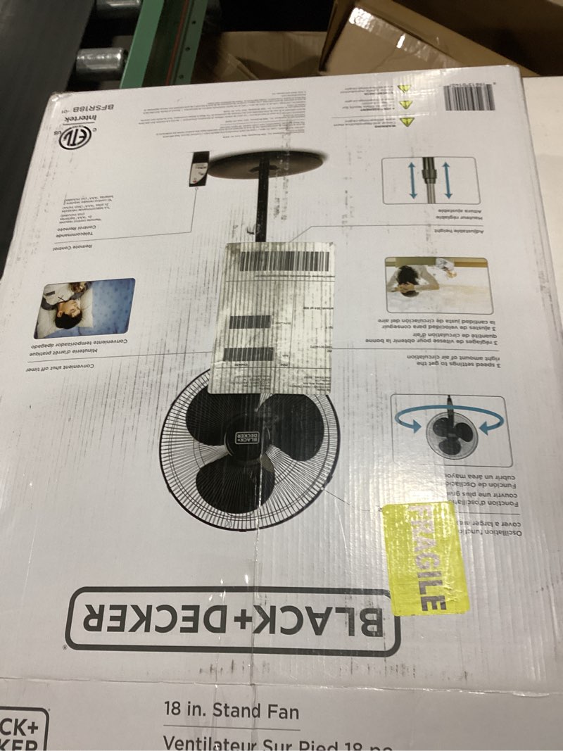 Condition photo showing New/Like New for black+decker 18" oscillating stand fan with remote control black: adjustable height, 3 speeds, etl listed