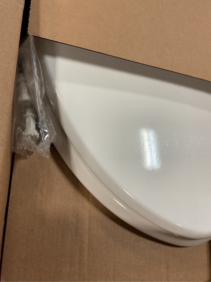 Condition photo showing Good Condition for mayfair bennett toilet seat with chrome hinges, slow close wood seat, secure metal hinges, easy install, made in usa, elongated, white elongated chrome