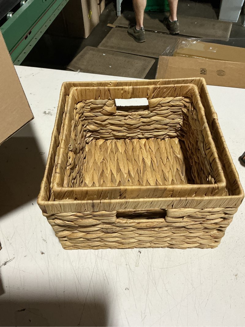 Condition photo showing As Is for storage wicker basket, baskets for home and kitchen storage, water hyacinth with built-in wooden handles (2 pack jumbo and large)