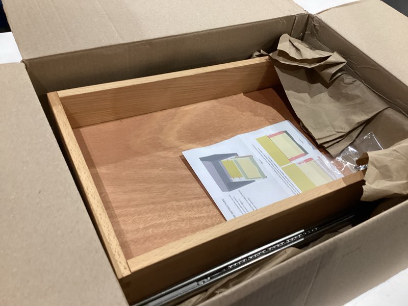 Condition photo showing As Is for pull out cabinet drawers - 6x2 size options (12-23'w,18-21'd), pre-assembled with soft close slides, solid beechwood, easy installation(12'w x 18'd)