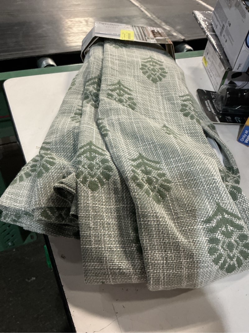 Condition photo showing New/Like New for better homes & gardens floral block print blackout single curtain panel, green, 50"w x 84"l