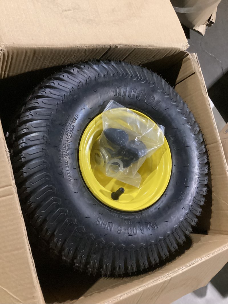 Condition photo showing As Is for gicool (2 pack) 15x6.00-6 tubeless tire and wheel, 3" offset hub, 3/4" bearing, 4 ply, 15x6-6 replacement riding lawn mower front tires, compatible with 100 and 300 series john deere riding mowers