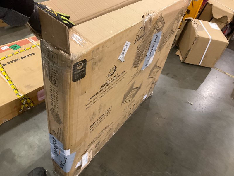Condition photo showing As Is for Dream On Me Brody 5-in-1 Convertible Full-Size Baby Crib & 3-Drawer Changer in White, Pinewood, GreenGuard Gold & JPMA, 1” Changer Pad, 3 Mattress Heights, Converts to Toddler & Full Size Bed