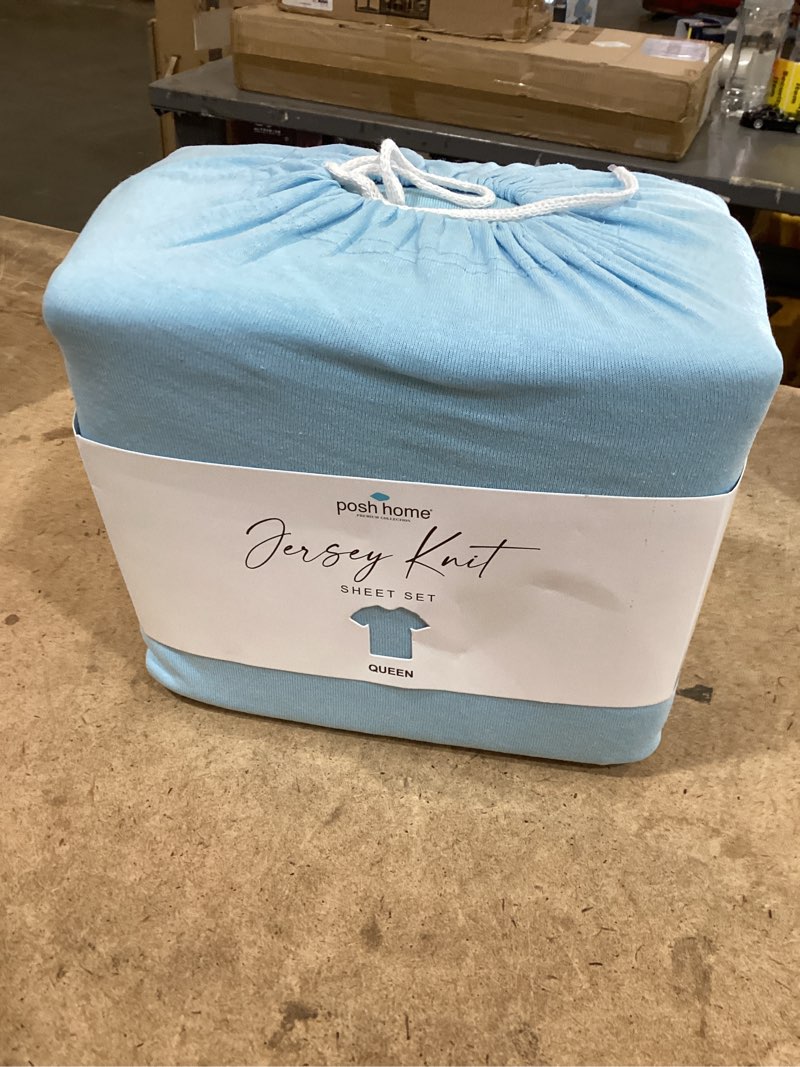 Condition photo showing Good Condition for posh home 4-piece jersey knit sheet set - breathable & soft cotton jersey sheets - includes flat, fitted sheet, & 2 pillowcases - queen, sky blue queen sky blue