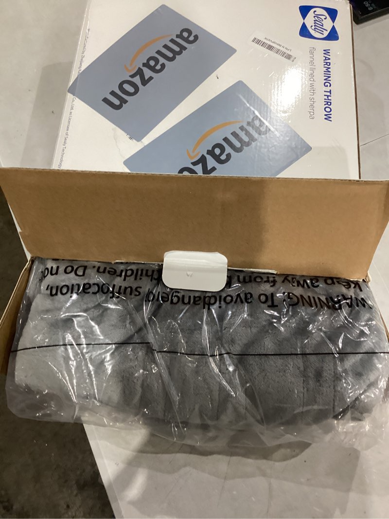 Condition photo showing New/Like New for Sealy Heated Blanket Throw with Built-in Button Controller, Reversible Flannel to Sherpa Electric Blanket with 2-10 Hours Auto-Off & 4 Heating Levels, Over-Heat Protection, 50x60 inch, Light Grey Light Grey Throw