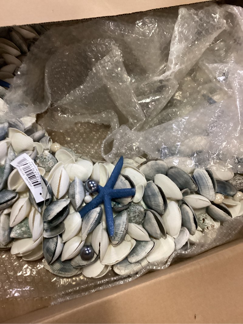 Condition photo showing New/Like New for natural seashell wreath w/shells, starfish, pearls, sea snails - spring & summer coastal decor beach