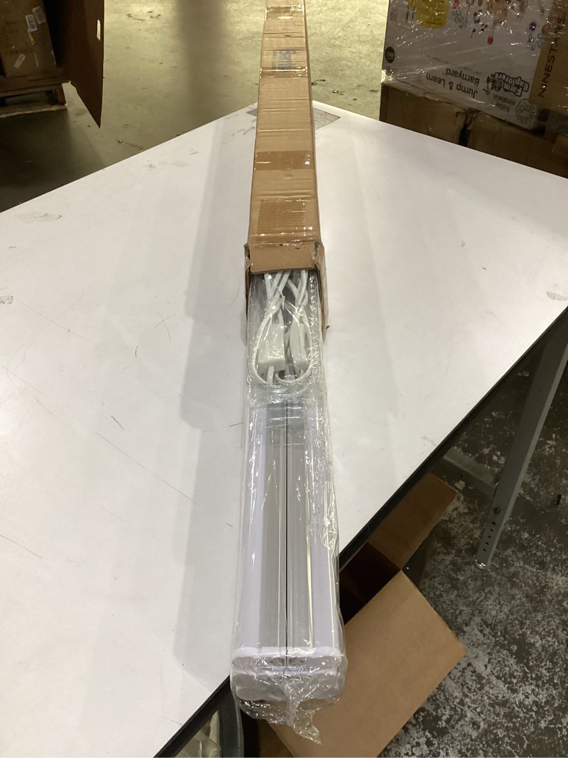 Condition photo showing As Is for barrina ( led t5 integrated single fixture, 4ft, 2200lm, 6500k super bright white, 20w utility led shop light, ceiling and under cabinet light, corded electric with on/off switch, etl listed
